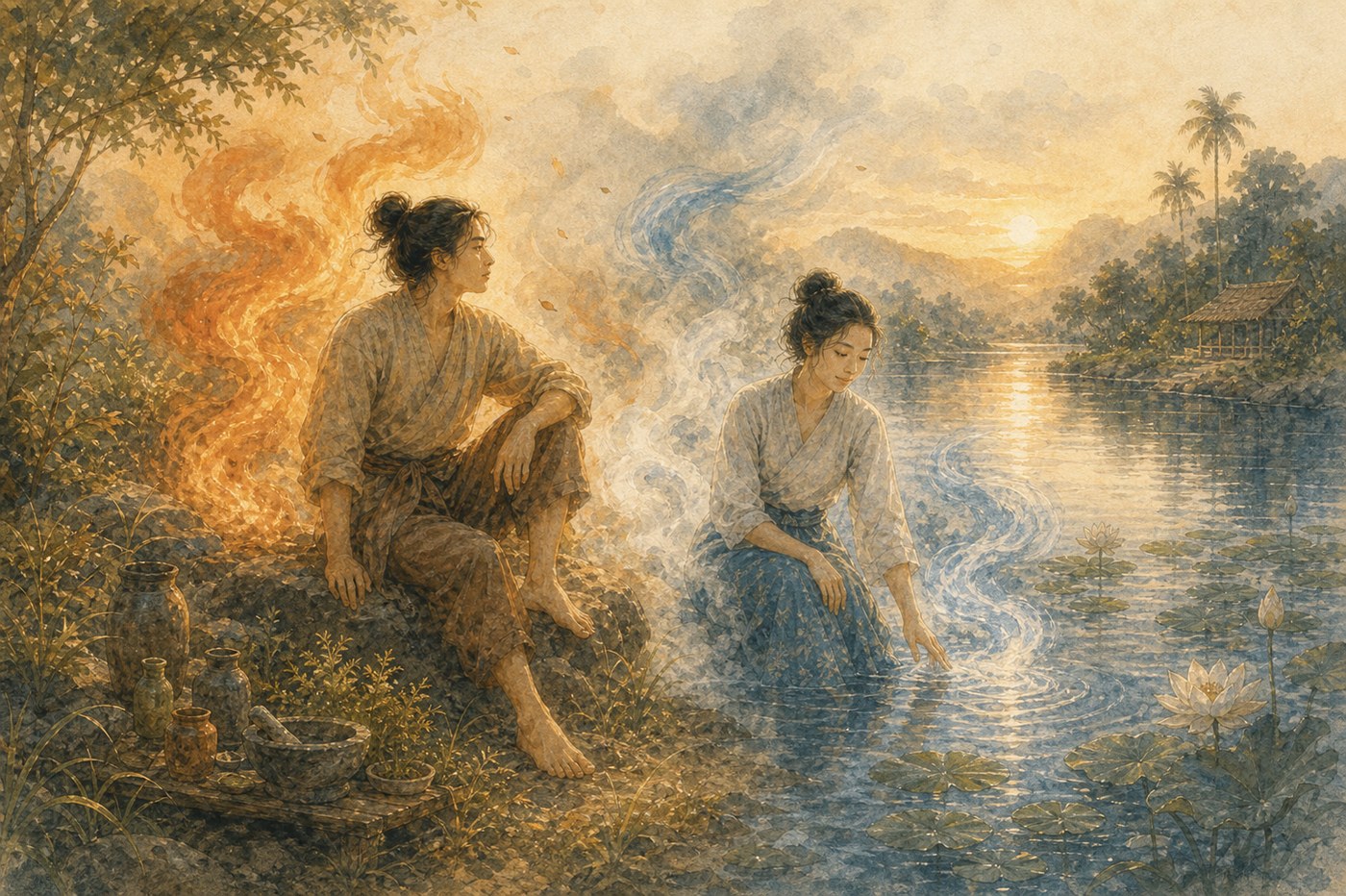 Original Plearnprai watercolour for Chapter 12 — Fire and Water