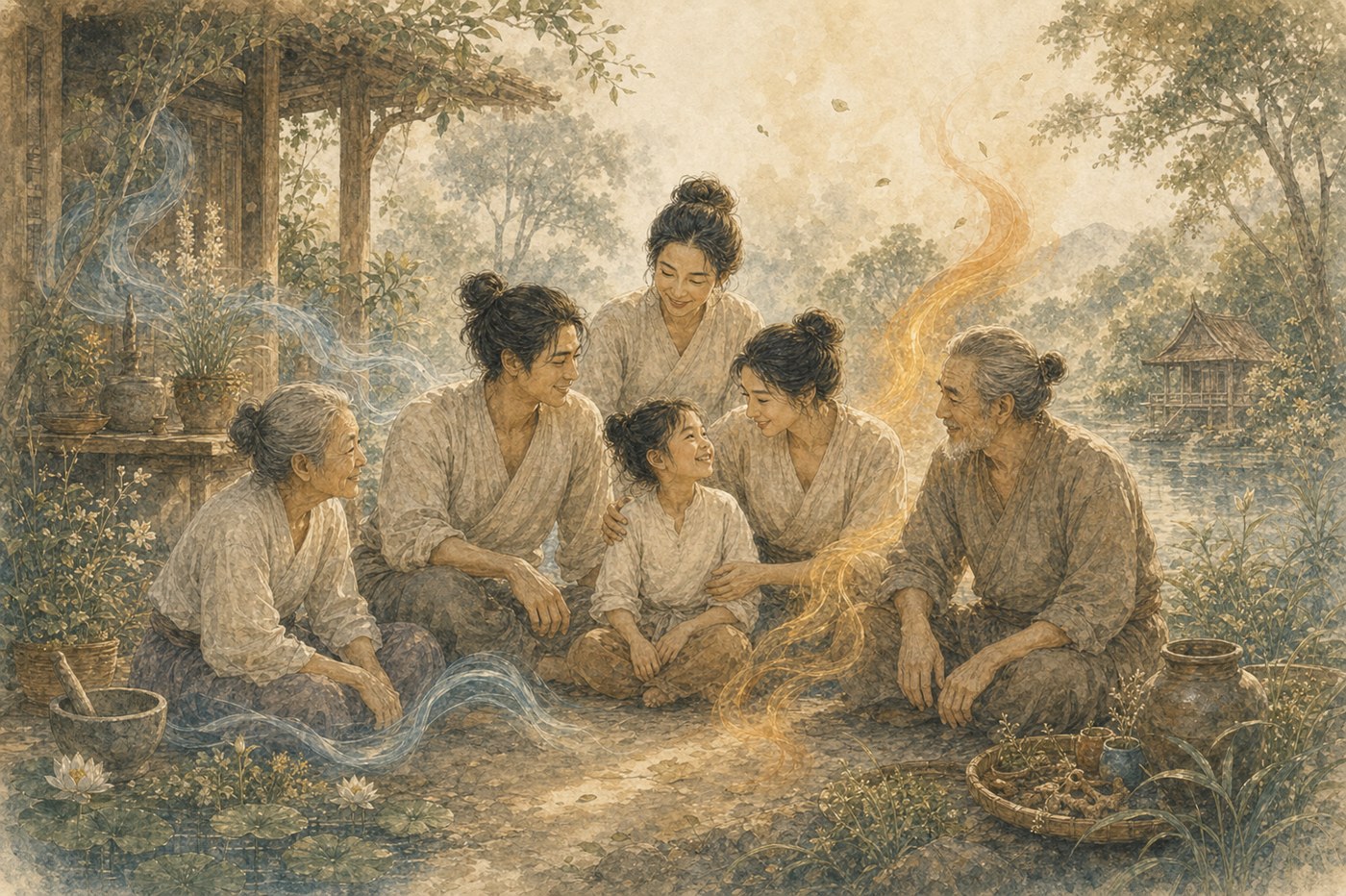 Original Plearnprai watercolour for Chapter 13 — Relationships in the Family