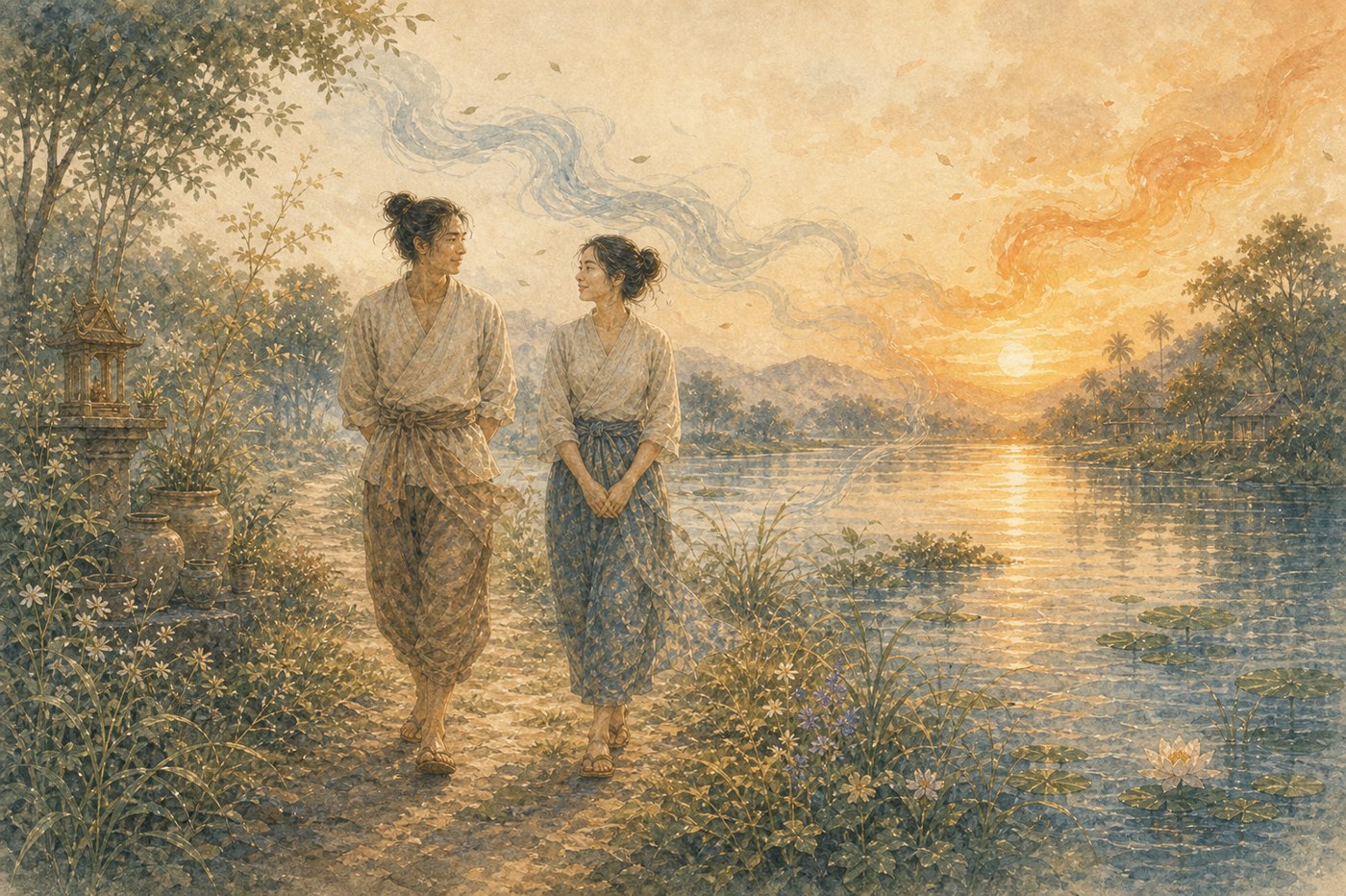 Original Plearnprai watercolour for Chapter 14 — Partners and Lovers
