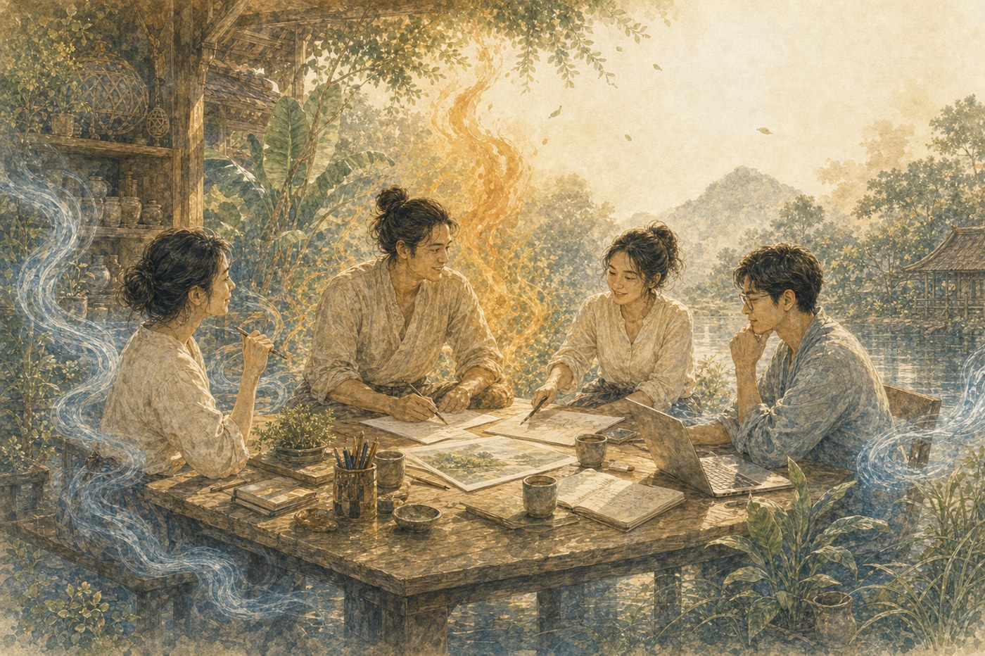Original Plearnprai watercolour for Chapter 16 — Friends and the Workplace