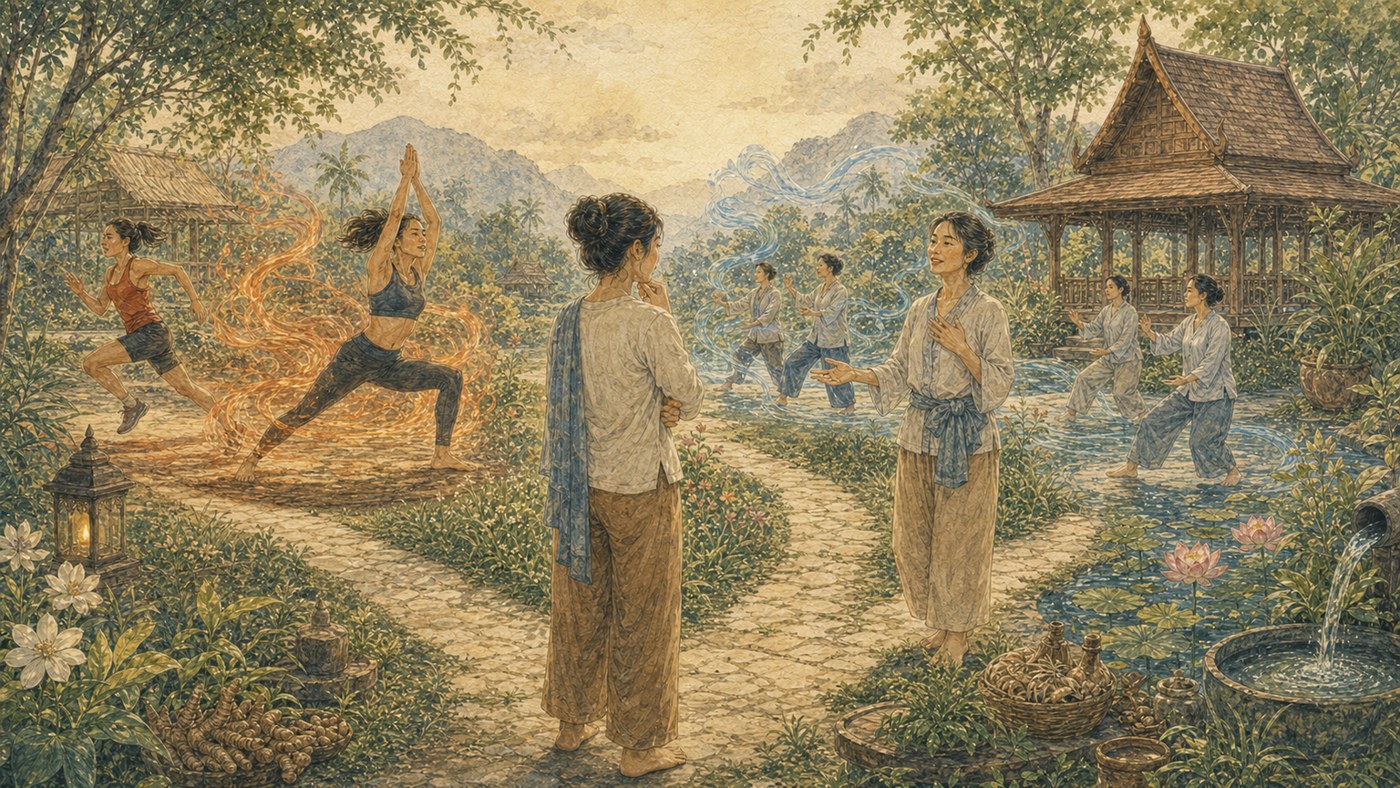 Original Plearnprai watercolour for Chapter 1 — Why Movement Needs to Fit the Person