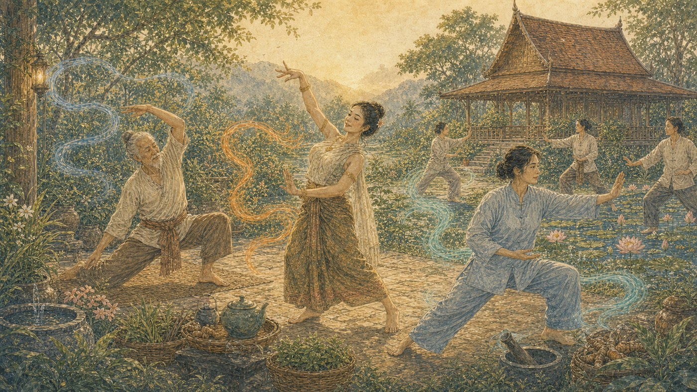 Original Plearnprai watercolour for Chapter 13 — Thai and Other Asian Movement Traditions
