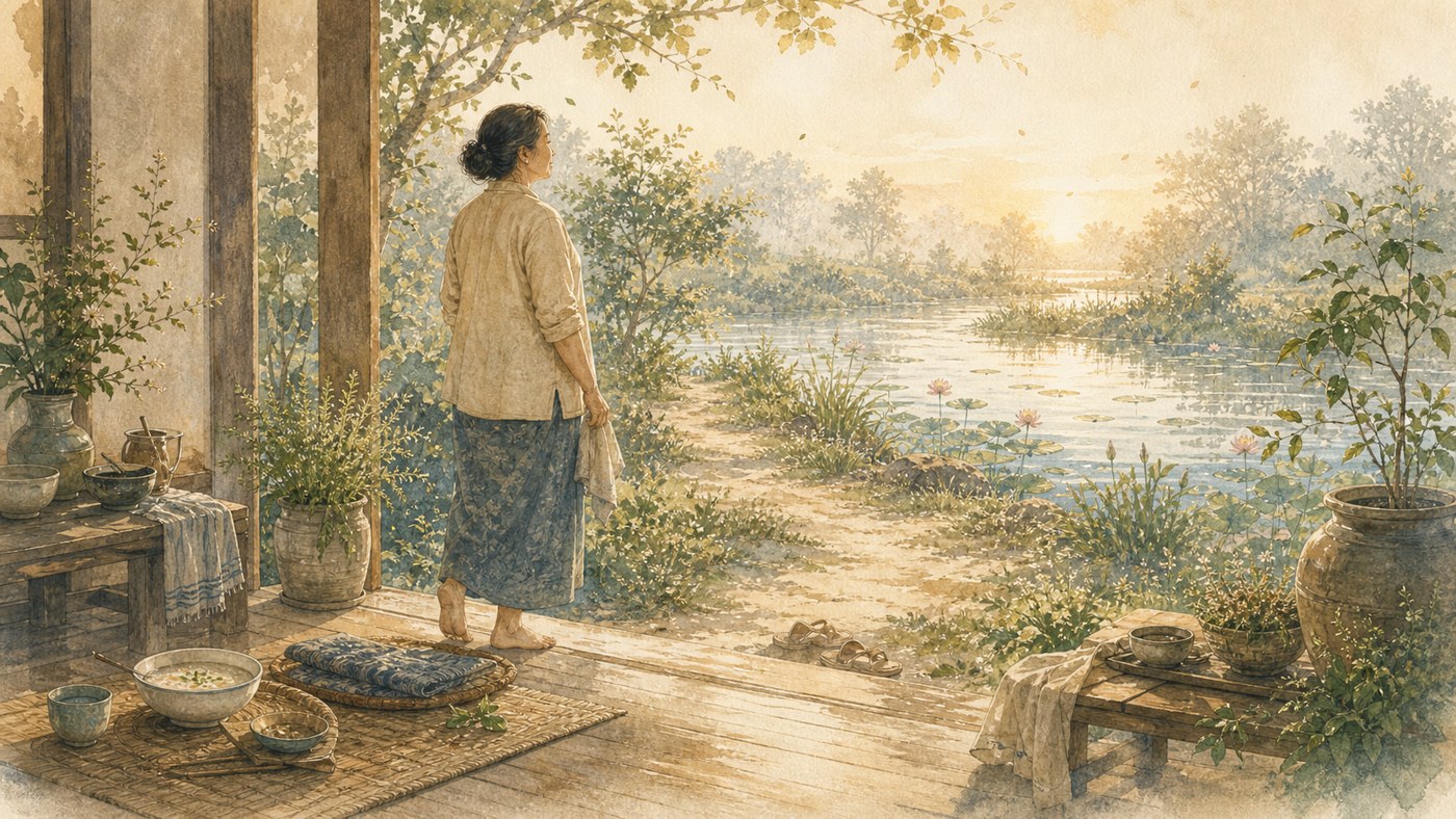Original Plearnprai watercolour for Chapter 14 — A Daily Rhythm We Can Live With