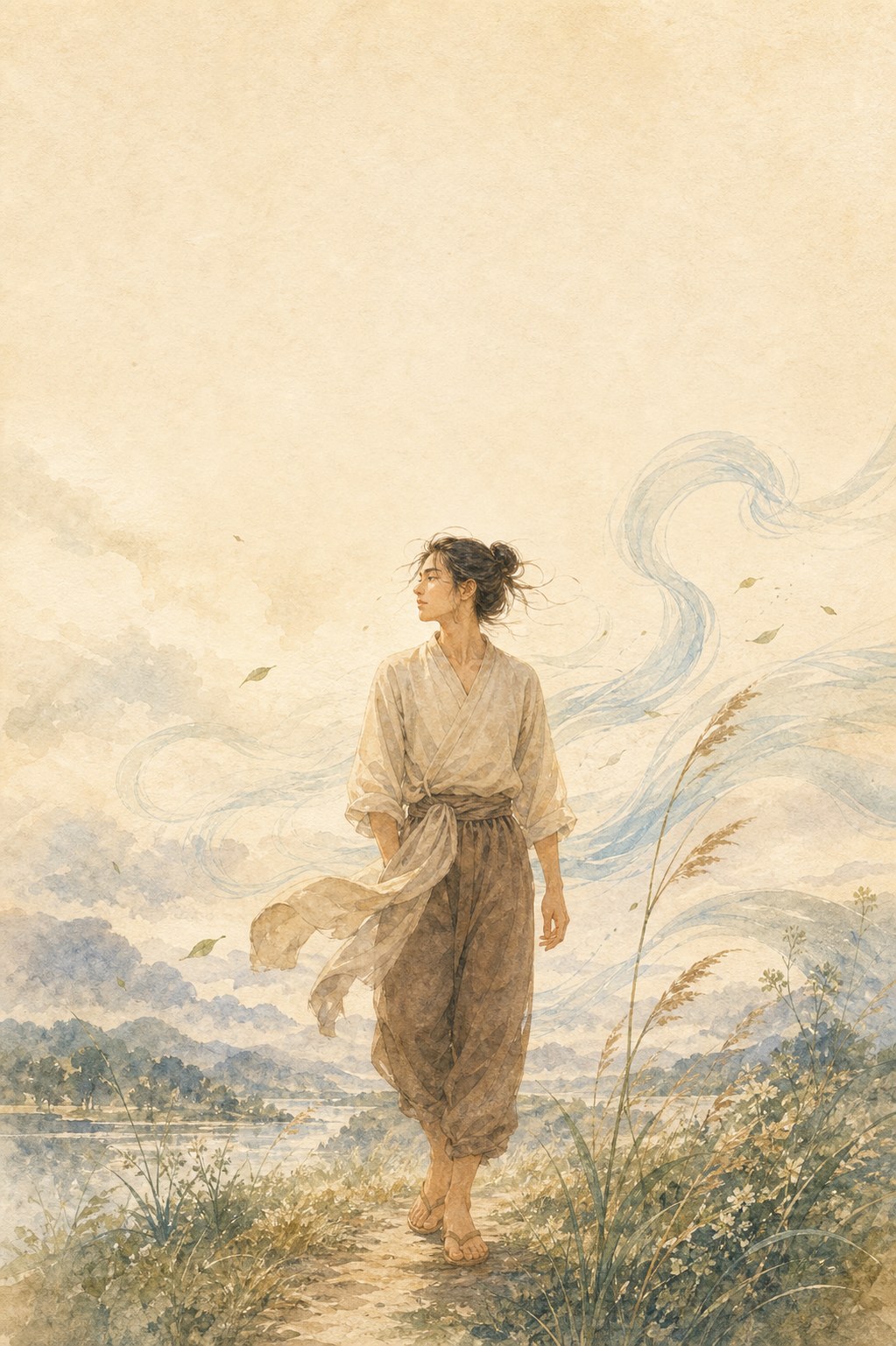 Gentle watercolour of a person walking through a landscape with flowing wind